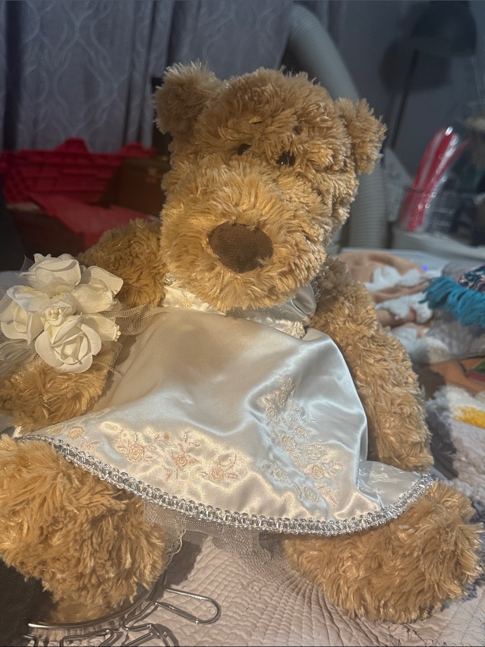 Build-A-Bear Tan Plush Bear in White Satin Dress with Floral Bouquet